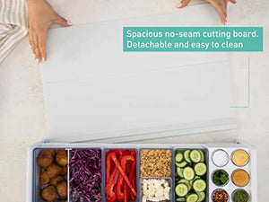 Prepdeck Gen 2 Recipe Prep & Storage Station - 8 Essential Tools + Deluxe Cutting Board, 14 Re-Designed Plastic Containers + Super-Seal Lids, Removable Trash Compartments, Bonus Tablet Stand Included