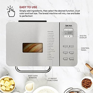 Aroma Housewares Professional 2 lb. Digital Bread Maker, 17 Preset Functions and 3 Crust Colors, Automatic Fruit & Nut Dispenser, Stainless Steel (ABM-270), silver