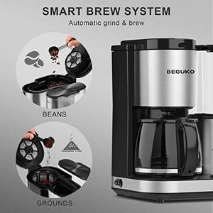 BEGUKO Coffee Maker with Grinder 10 Cup Grind and Brew Coffee Maker with Revomable Water Reservoir Coffee Machine with Grinder Automatic Coffee Maker with Glass Carafe for Family Home Office Kitchen
