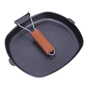 PDGJG Non-sticky Steak Frying Pan with Wooden Folding Handle Portable Square Grill Pan Kitchen Accessory (Size : 24cm)