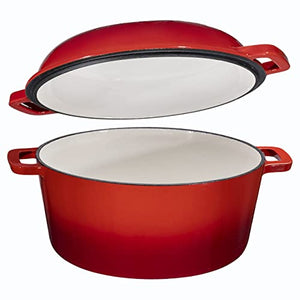 2 in 1 Enameled Cast Iron Double Dutch Oven & Skillet Lid, 5-Quart, Fire Red - Induction, Electric, Gas & In Oven Compatible