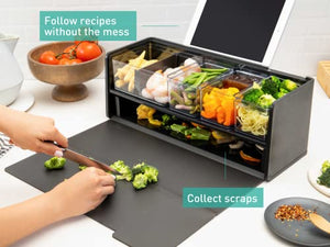 Prepdeck Mini Recipe Prep & Storage Station - New Compact Design, 8 Containers in 4 Sizes + Measurement Markings + Super-Seal Lids, Deluxe Cutting Board, Bonus Tablet Stand Included - 5 Vibrant Colors