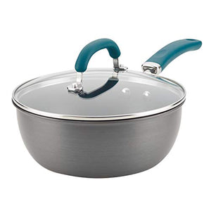 Rachael Ray Create Delicious Hard Anodized Nonstick Saute/All Purpose Pan with Lid, 3 Quart, Gray With Teal Handles