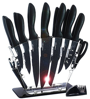 KNIFAST Knife Set Stainless Steel 18 Pieces with Block Dishwasher Safe, Kitchen Knives Set Chef Knife Set with Knife Sharpener, 6 Steak Knives with Peeler Scissors Cheese Pizza Knife and Acrylic Stand
