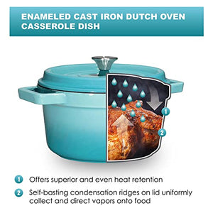 Bruntmor, Enameled Cast Iron Dutch Oven Casserole Dish 6.5 quart Large Loop Handles & Self-Basting Condensation Ridges On Lid (Turquoise)