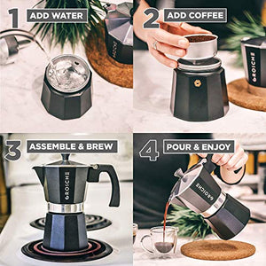 GROSCHE Milano Stove top espresso maker (9 espresso cup size 15.2 oz) Black, and battery operated milk frother bundle for lattes
