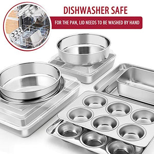 12-Piece Stainless Steel Bakeware Sets, E-far Metal Baking Pan Set Include Round Cake Pans, Square/Rectangle Baking Pans with Lids, Cookie Sheet, Loaf/Muffin/Pizza Pan, Non-toxic & Dishwasher Safe