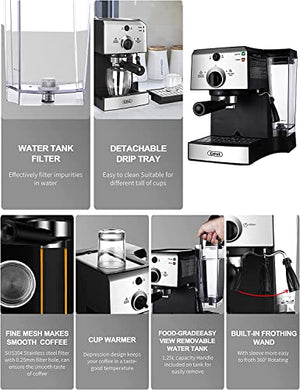 Gevi 15 Bar Espresso Machine, Espresso and Cappuccino Machine for Home, with Manual Milk Frother Steam Wand, 1.2L Removable water tank, Silver / Stainless, 1350W