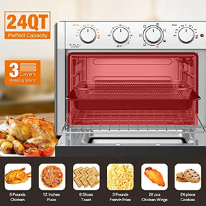 WEESTA Large Air Fryer Toaster Oven, 24 QT, 7-in-1 Convection Oven with Roast, Bake, Broil, 4 Accessories and E-Recipes, 450°F, 1500W, Silver