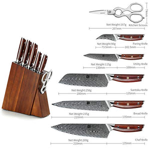 XINZUO 7PC Kitchen Knife Set with Block Wooden, Professional Damascus Steel Chef Knife Santoku Bread Utility Fruit Knife with Multifunctional Kitchen Shears,Ergonomic Rosewood Handle- Yi Series