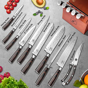 Japanese Knife Set, imarku 16-Pieces Hammered Kitchen Knife Set with Block, German HC Stainless Steel Knives Set for Kitchen, Premium Pakkawood Handles Knife Block Set