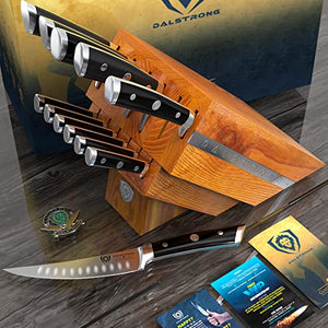 DALSTRONG 12-Piece Knife Block Set - Gladiator Series - Black Handles - German HC Steel - Hand-made Manchurian Ash Wood Block - NSF Certified