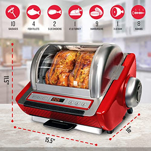 Ronco EZ-Store Rotisserie Oven, Gourmet Cooking at Home, Cooks Perfectly Roasted Chickens, Turkey, Pork, Roasts & Burgers, Large Capacity, 3 Cooking Options: Roast, Sear, No Heat Rotation, Red