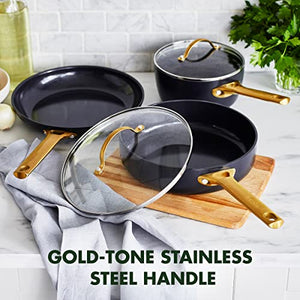GreenPan Reserve Hard Anodized Healthy Ceramic Nonstick 5 Piece Cookware Pots and Pans Set, Gold Handle, PFAS-Free, Dishwasher Safe, Oven Safe, Black