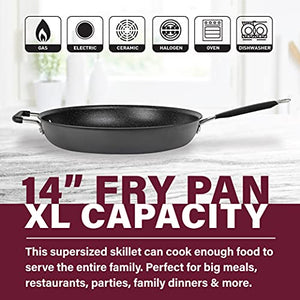 Granitestone Pro 14” Frying Pan Nonstick Extra Large Hard Anodized Frying Pan with Ultra Nonstick Coating, Family Sized Open Skillet with Stay Cool Rubberized & Helper Handle, Oven & Dishwasher Safe