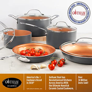Gotham Steel 5 Quart Stock Multipurpose Pasta Pot with Strainer Lid & Twist and Lock Handles, Graphite & 9.5” Frying Pan, Nonstick Copper Frying Pans, Omelet Pan Cookware 100% PFOA Free