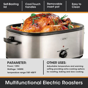 24lb 20-Quart Roaster Oven with Self-Basting Lid, Sunvivi electric roaster with Removable Pan & Rack, 150-450°F Full-Range Temperature Control with Defrost/Warm Function, Stainless Steel, Silver