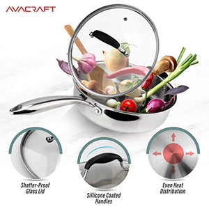 AVACRAFT 18/10 Tri-Ply Stainless Steel Saute Pan with Lid, Stay Cool Handle, Helper Handle, Induction Pan, Versatile Stainless Steel Skillet, Sauté Pans in our Pots and Pans cookware (3.5 Quarts)