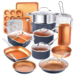 Gotham Steel 20 Piece Pots & Pans Set Complete Kitchen Cookware + Bakeware Set | Nonstick Ceramic Copper Coating – Frying Pans, Skillets, Stock Pots, Deep Square Fry Basket Cookie Sheet & Baking Pans
