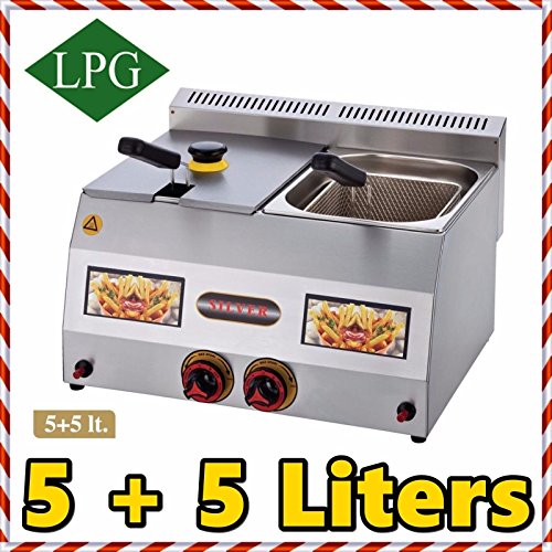 Dual Tank 5+5 lt. Total:10 LT. Capacity, Stainless Steel Countertop Tabletop Propan PROPANE (LPG) GAS Deep Fryer with 2x Basket and 2x Lid INCLUDED, Commercial industrial Kitchen or for Home Use