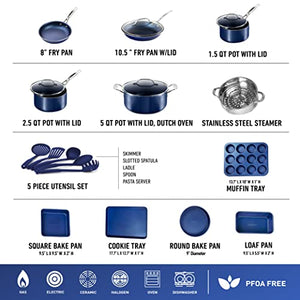 Granitestone 20 Piece Cookware Set Nonstick Pots and Pans Set Bakeware Set with Ultra Nonstick Durable Mineral & Diamond Coating 100% PFOA PFAS Free Cookware, Metal Utensil Oven & Dishwasher Safe-Blue