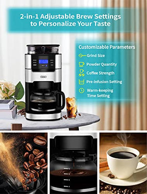 10-Cup Drip Coffee Maker, Grind and Brew Automatic Coffee Machine with Built-In Burr Coffee Grinder, Programmable Timer Mode and Keep Warm Plate, 1.5L Large Capacity Water Tank