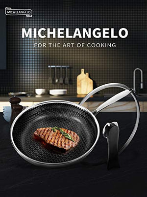 MICHELANGELO Stainless Steel Frying Pan with Lid, Pro Triply Stainless Steel 12 Inch Frying Pan with Nonstick Honeycomb Coating, Large Frying Pan, Steel Fry Pan With Lid, Induction Compatible