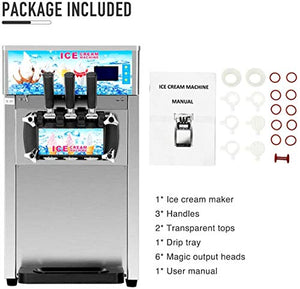 CO-Z Commercial Ice Cream Machine Soft Serve Stainless Steel 3 Flavors Silver 18L/H Silver 1200W, Perfect for Snack, Bar, Restaurants, Supermarkets