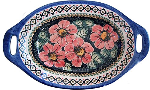 Polish Pottery Serving or Baking Dish with Handles - Eva's Collection"Red Garden"