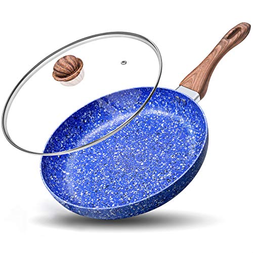HLAFRG 10 inch Nonstick Frying Pan with Lid,Blue Marble Skillet Stone-Derived Coating, APEO & PFOA Free, with Ergonomic Stainless Steel Handle, Oven