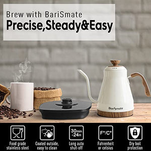 Barismate Electric Stainless Steel Gooseneck Kettle Temperature Variable For Coffee Tea Pour Over 1200 Watt Quick Heating 1 Liter Auto Shut-off Boil-dry Protection Matte Black (Ceramic White)