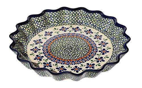 Polish Pottery Scalloped Pie / Quiche Dish in Mosaic Flower Pattern From Zaklady Boleslawiec