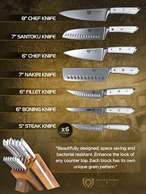 DALSTRONG 12 Piece Knife Block Set - Gladiator Series - White Handles - German HC Steel - Hand-made Manchurian Ash Wood Block - NSF Certified