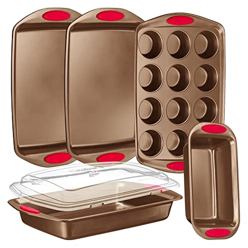 NutriChef 6-Piece Baking Pan Set - PFOA, PFOS, PTFE Free Flexible Nonstick Golden Coating Carbon Steel Bakeware - Professional Home Kitchen Bake Cookie Sheet Stackable Tray w/ Red Silicone Handles