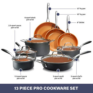 GOTHAM STEEL Pro Hard Anodized Pots and Pans 13 Piece Premium Cookware Set with Ultimate Nonstick Ceramic & Titanium Coating, Oven and Dishwasher Safe, Brown