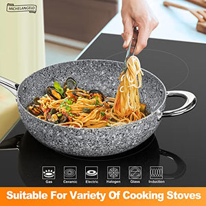 MICHELANGELO Woks and Stir Fry Pans With Lid, Nonstick 11 Inch Wok with Non toxic Stone-Derived Coating, Stone Wok with Lid, Frying Basket & Steam Rack, Nonstick Wok Set, Induction Compatible