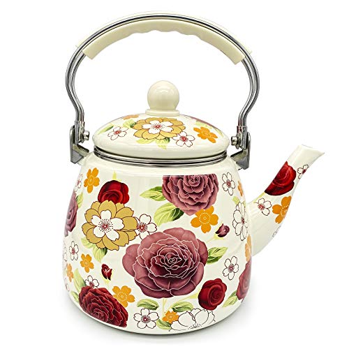 Floral Ceramic Enamel Teapot Tea Kettle for Stovetop,Large Porcelain Enameled Teakettle (white) (3.5L, white3)