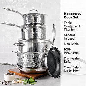 Granitestone Hammered Stainless Steel Pots and Pans Set, Tri Ply Ultra-Premium Ceramic Cookware Set with Nonstick Coating, Kitchen Set Nonstick Frying Pans, Stock Pots & Skillets, Hammered Finish