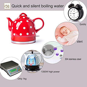 Ceramic Electric Kettle, 1L 1000W Cordless Retro Teapot, Fast Heating Jug for Tea, Coffee, Soup, BPA Free, Automatic Power Off & Boil Dry Protection,Red