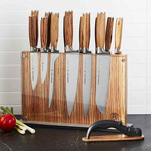 Schmidt Brothers - Zebra Wood, 15-Piece Knife Set, High-Carbon Stainless Steel Cutlery with Zebra Wood and Acrylic Magnetic Knife Block and Knife Sharpener