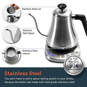 COSORI Electric Gooseneck Kettle with 5 Variable Presets, Pour Over Kettle & Coffee Kettle, 100% Stainless Steel Inner Lid & Bottom, 1200 Watt Quick Heating, 0.8L, Sliver