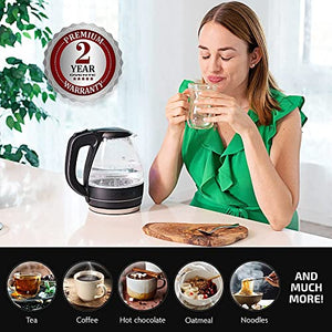 Ovente Electric Kettle Hot Water Boiler 1.5 Liter BPA Free Borosilicate Glass Fast Boiling Countertop Heater with Automatic Shut Off & Boil Dry Protection for Tea Coffee Milk Noodle, Black KG83B