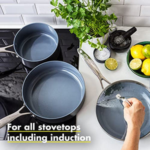 GreenPan Valencia Pro Hard Anodized Healthy Ceramic Nonstick 4 Piece Cookware Pots and Pans Set, PFAS-Free, Induction, Dishwasher Safe, Oven Safe, Gray