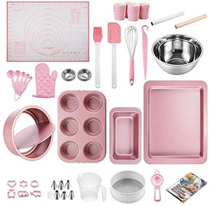 LYNLYN 22 Piece Baking Tool Set Food Grade Non Stick Coating Cake Mould Baking Tray Biscuit Bread Baking Tool Set Pink Liyannan