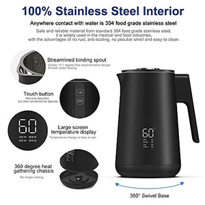 Automatic Electric Kettle, Auto Shut-off Double Wall Hot Water Boiler, Smart Temperature Control For Boiling Tea&Coffee, Portable Electronic Pot For Boiling, Led Display, 1.7-Liter, Fast Boil, Black