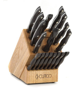 CUTCO Model 2018 Homemaker+8 Set............Includes (8) #1759 Table Knives, (10) Kitchen Knives & Forks, #1748 Honey Oak knife block, #82 Sharpener, and #125 Medium Poly Prep cutting board.......... High Carbon Stainless blades and Classic Brown handles