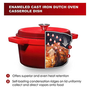 Bruntmor, Enameled Cast Iron Dutch Oven Casserole Dish 6.5 quart Large Loop Handles & Self-Basting Condensation Ridges On Lid (Fire Red)
