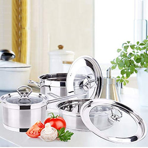 Kitchen Cookware Set Saucepans Set,Stainless Steel Cookware Set Of Glass Lid,Polished Mirror Finish,Oven Safe 16/20/24cm (Color : Silver, Size : Free size)