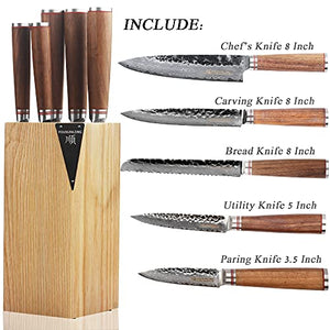 YOUSUNLONG Knife Block Sets 5pcs Kitchen Knives Set - Japanese Hammered Damascus Steel - Natural Fraxinus Americana Holder - Natural Walnut Wooden Handle with Gift Box