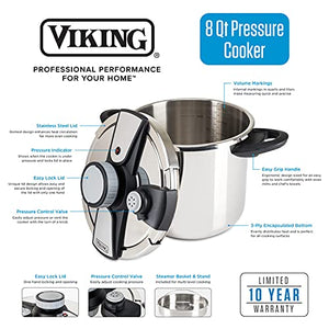 Viking Stainless Steel Pressure Cooker with Easy Lock Lid, 8 Quart
